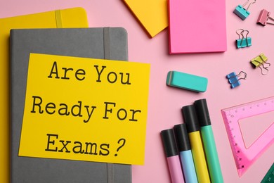 Sheet of paper with question Are You Ready For Exams? on pink background, flat lay