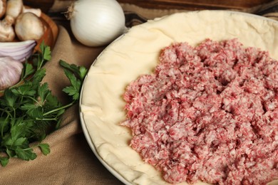 Photo of Raw dough and ingredients on napkin, closeup. Baking meat pie