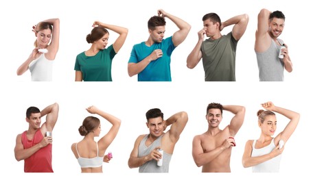 Collage with photos of people applying deodorants to armpits and with sweat stains on clothes against white background