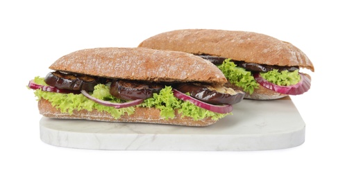 Delicious fresh eggplant sandwiches on white background