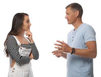Man and woman talking on white background