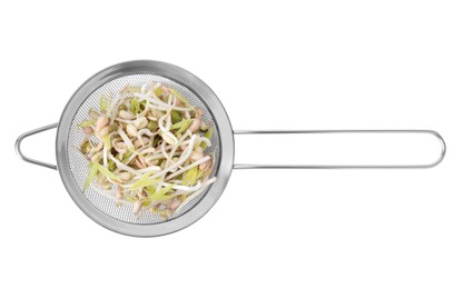 Mung bean sprouts in strainer isolated on white, top view