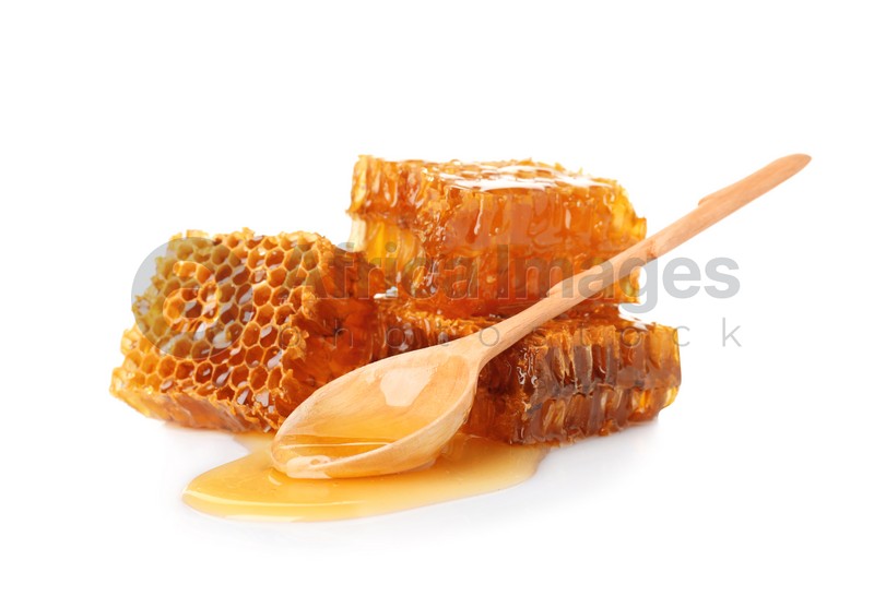 Photo of Composition with fresh honeycombs on white background