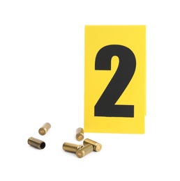 Shell casings and crime scene marker with number two isolated on white