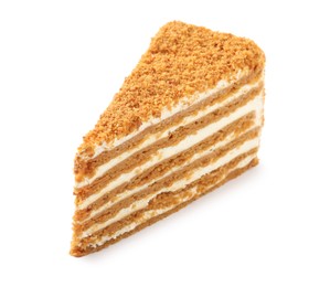 Slice of delicious honey cake isolated on white