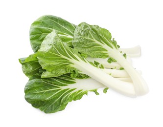 Photo of Fresh leaves of green pak choy cabbage on white background, top view