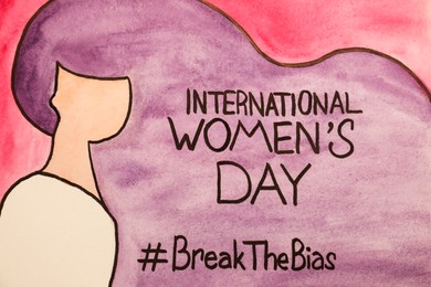 Card with text International Women's Day, hashtag BreakTheBias and painting of girl