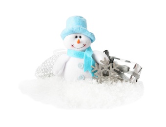 Cute snowman and Christmas decoration on white background