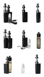 Set with electronic smoking devices on white background
