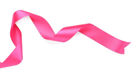 Photo of Beautiful pink ribbon isolated on white, top view