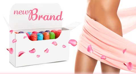 Tampons in package and woman with silk fabric on white background, banner design. Mockup for your brand 