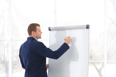 Business trainer giving presentation on flip chart board indoors
