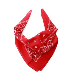 Folded red bandana with paisley pattern isolated on white, top view