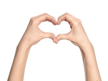 Woman showing heart on white background, closeup of hands
