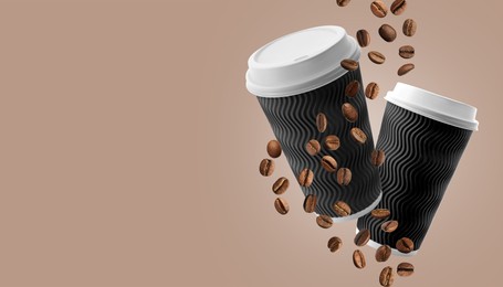 Coffee to go, banner design. Paper cups and roasted beans flying on beige background, space for text