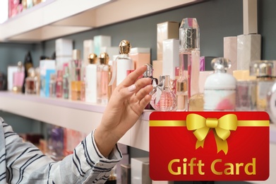 Image of Store gift card. Woman choosing perfume in shop, closeup
