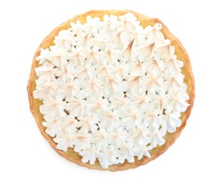 Delicious lemon meringue pie on white background, top view