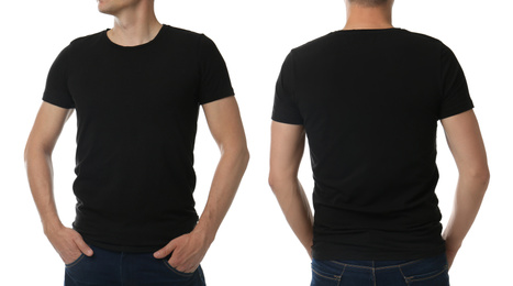 Man in black t-shirt on white background, closeup with back and front view. Mockup for design