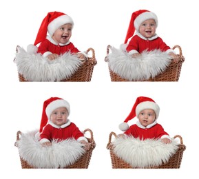 Collage with photos of cute baby in wicker basket on white background. First Christmas 