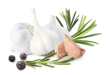 Fresh garlic with rosemary and peppercorn on white background