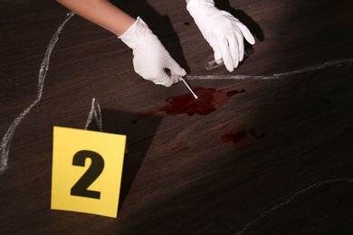 Detective taking blood sample from crime scene, closeup