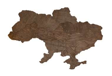 Wooden map of Ukraine isolated on white, top view