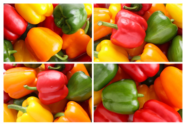 Image of Collage with different ripe bell peppers on white background, closeup