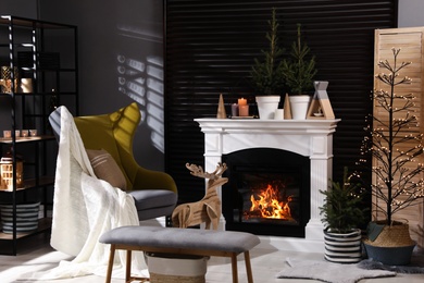 Photo of Beautiful room interior with potted fir trees and fireplace
