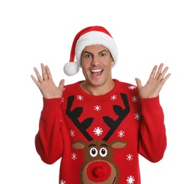 Excited man in Santa hat on white background. Christmas countdown