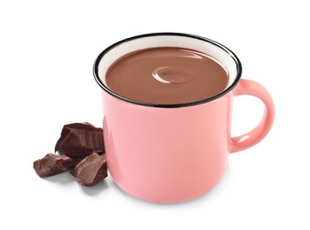 Yummy hot chocolate in mug on white background