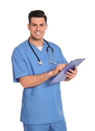Portrait of medical doctor with clipboard and stethoscope isolated on white