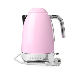 Modern pink electric kettle with base and plug isolated on white