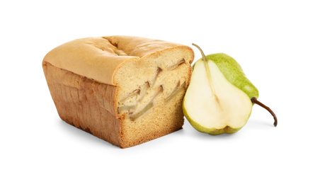 Tasty cut bread and pears isolated on white. Homemade cake