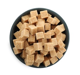 Bowl with cubes of brown sugar isolated on white, top view