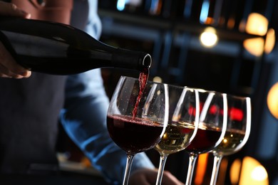 Bartender preparing wine tasting set indoors, closeup