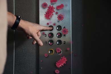 Man press button in elevator with germs, closeup
