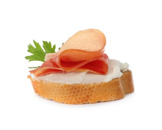 Delicious sandwich with cream cheese, jamon and parsley isolated on white