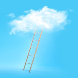 Wooden ladder leading to white cloud on light blue background. Concept of growth and development