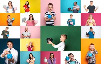 Collage with photos of people holding piggy banks on different color backgrounds