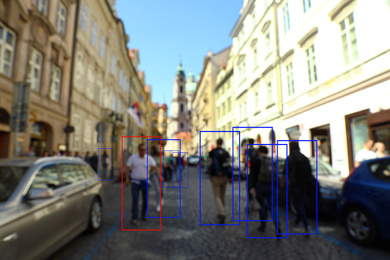 Blurred view of city street with scanner frames on people. Machine learning