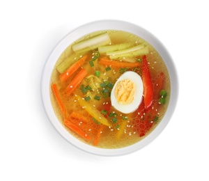 Photo of Tasty ramen with noodles and vegetables isolated on white, top view