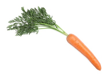 Tasty ripe organic carrot isolated on white, top view