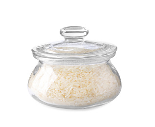 Uncooked rice in glass jar isolated on white