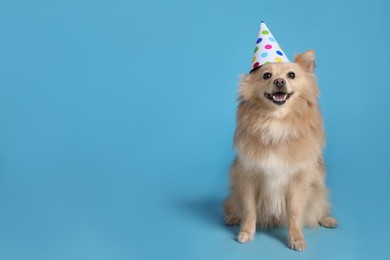 Photo of Cute dog with party hat on light blue background, space for text. Birthday celebration