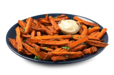 Photo of Plate with delicious sweet potato fries and sauce on white background