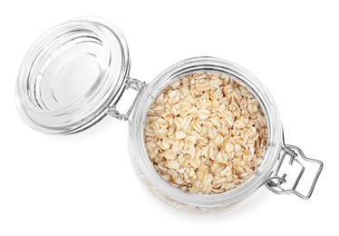 Raw oatmeal in glass jar isolated on white, top view