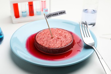 Minced cultured meat served on white lab table