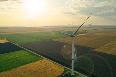 Aerial view on modern wind turbines. Alternative energy source