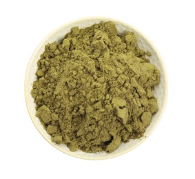 Photo of Plate with hemp protein powder isolated on white, top view