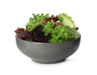 Bowl with leaves of different lettuce on white background